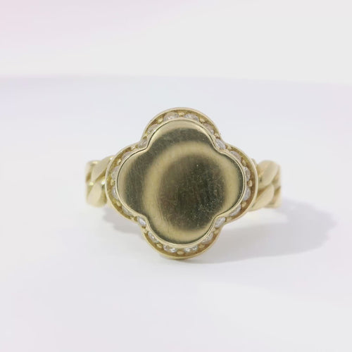 14KT Gold Ring Women's Engravable Clover Center with White CZ Stones Edge and Cuban Link Band