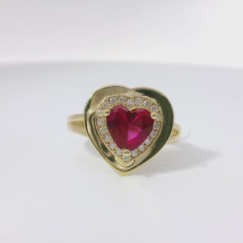 14KT Gold Ring Women's Red Heart Center CZ Stone with White CZ Stones Border, Plain Platform Border, and Plain Split Band