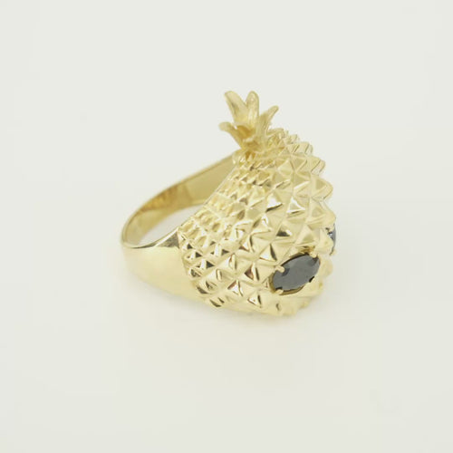 14KT Gold Ring Men's Pineapple Skull with Black Oval CZ Stone Eyes