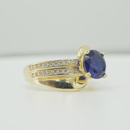 14KT Gold Ring Women's Round Navy Blue CZ Center Stone Double White CZ Stone Band with Plain "S" Ribbon
