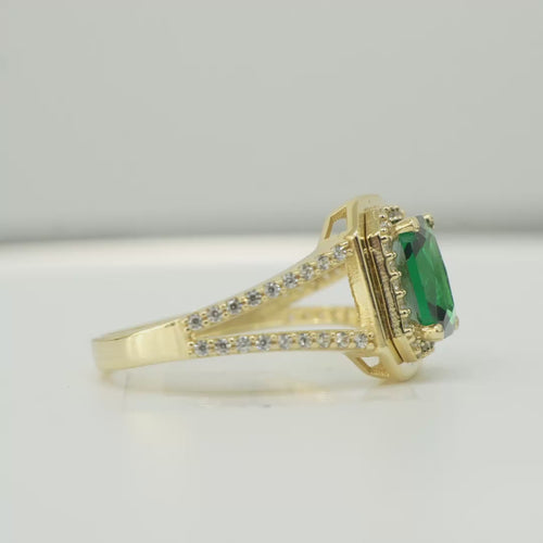 14KT Gold Ring Women's Dark Green Rectangle Center CZ with Round White CZ Stone Border and Plain Octagon Border with Split CZ Stone Band