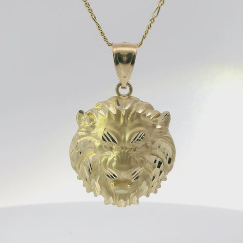 14KT Gold Charm Large Diamond Cut Lion Head with Plain Bell