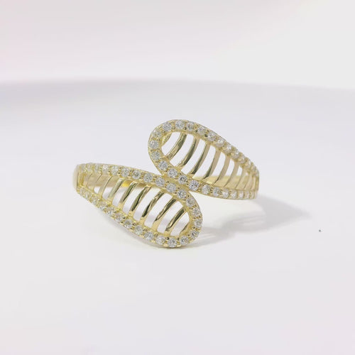 14KT Gold Ring Women's Light Weight Open Stipe Lasso with White CZ Stones Border Bypass Band