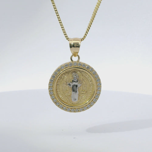 14KT Gold Charm Medium Round Two Tone St Benedict Coin with White CZ Stones Border and Plain Bell