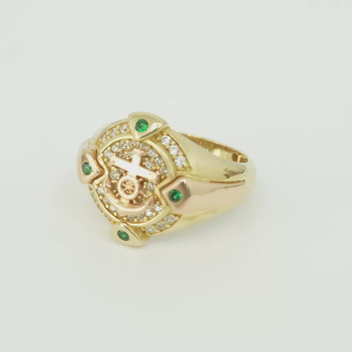 14KT Gold Ring Men's Round Two Tone Anchor White CZ Stones Background White CZ Stones Border Green CZ Stone on North, South, West, and East Border of the Ring