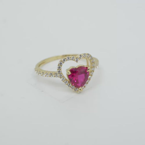 14KT Gold Ring Women's Open White CZ Heart Shape and Band with Smaller Red Heart Shape CZ Center Stone