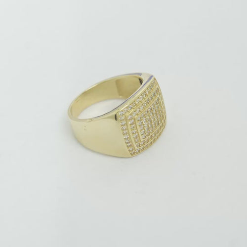 14KT Gold Ring Men's Flat Curved Rectangle White CZ Stones Five Rows of Seven Center with White CZ Stones Double Border and Plain Band