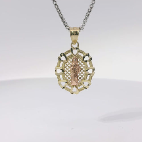 14KT Gold Charm Medium Two Tone St Jude Oval Lattice with Diamond Cut Open Heart Border and Plain Bell