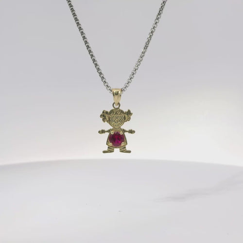 14KT Gold Charm Girl with Magenta CZ Stone Belly and Plain Bell