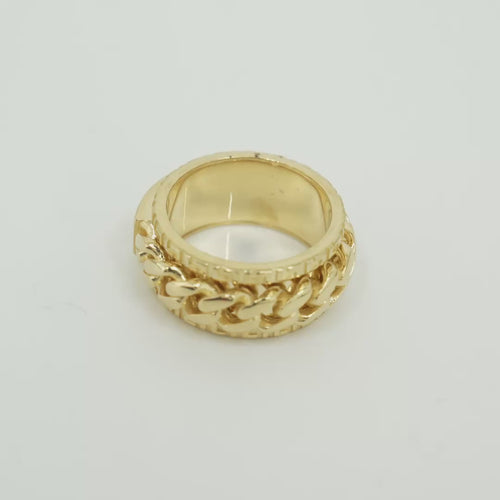 14KT Gold Ring Men's Band Mini Cuban Spinner Greek Border with Plain Name Plate