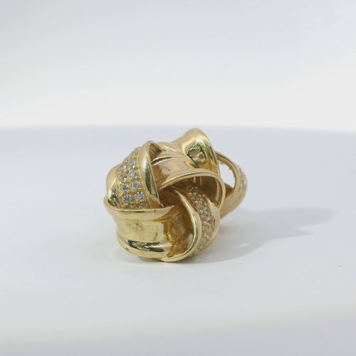 14KT Gold Earrings Medium Four Ribbon Strand White CZ Stones Pinwheel Knot with Plain Borders, Push Back Post, and Butterfly Backs