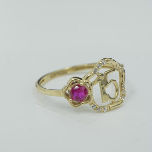 14KT Gold Ring Women's Quinceanera "15" Open Pentagon Flower Center with White CZ Stones Border Next to Smaller Pentagon Flower with Plain Border Dark Pink Center Stone and Plain Band