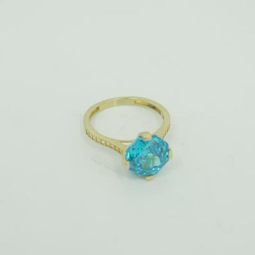 14KT Gold Ring Women's Jumbo Octagon Rose 4 Prong Turquoise CZ Center Stone with Round White Pave CZ Stone Band