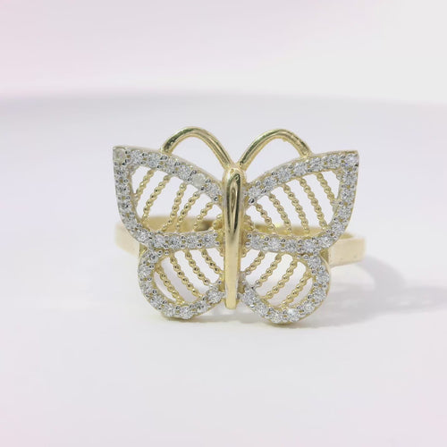 14KT Gold Ring Women's Open Stripe Butterfly with White CZ Stones Border and Plain Band