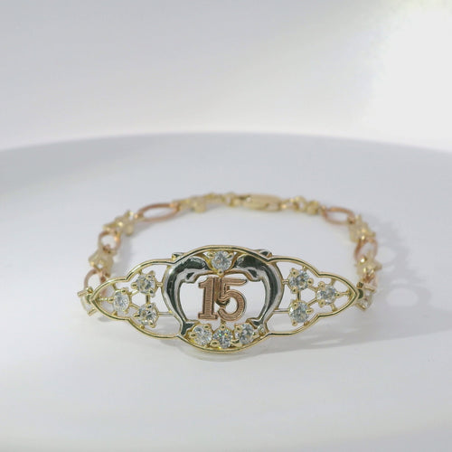 14KT Gold Bracelet Women's Tri Tone "15" Quinceanera Dolphins with White CZ Stone Centers with Alternating White CZ Stone / Eye Shape Band 4.5mm