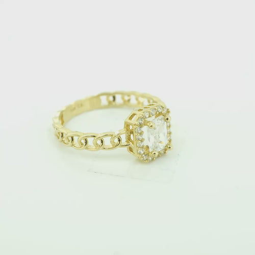 14KT Gold Ring Women's Rectangle White Center Stone with White CZ Stone Border Chino Band