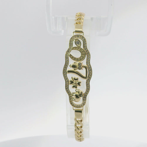 14KT Gold Bracelet Women's Lucky "7" Western Plaque with White CZ Stones Borders, Evil Eye, Owl, Clover, Elephant and White CZ Stone End Cuban Link Lobster Clasp Band