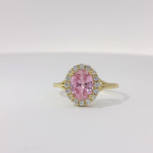 14KT Gold Ring Women's Oval Pink CZ Stone Center with Round White CZ Stones Border and Mini Plain Double Split Band