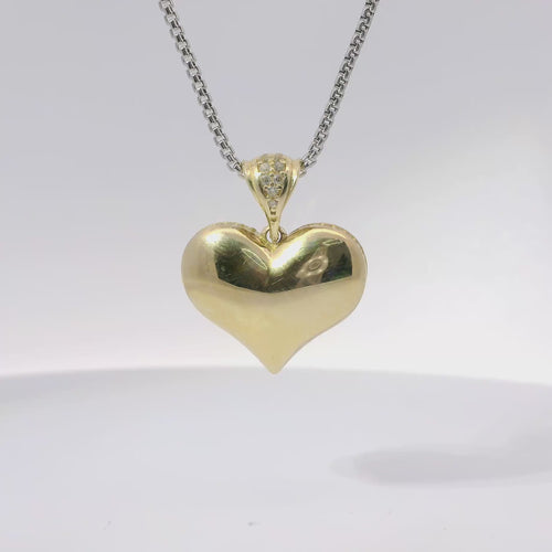 14KT Gold Charm Small Flat Back Puff Heart with White CZ Stones Edge and Bell