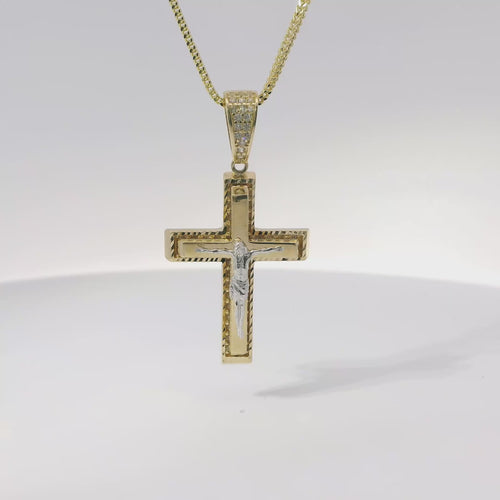 14KT Gold Charm Medium Two Tone Raised Platform Crucifix Cross with Diamond Cut Border and White CZ Stones Under Center Platform and White CZ Stone Bell