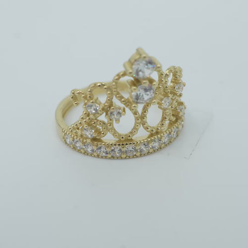 14KT Gold Ring Women's Royal Tiara with Two White CZ Center Top Stones and Six White CZ Side Stones and CZ Stone Band