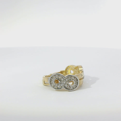 14KT Gold Earring Medium Two Tone White CZ Stones Infinity Loop with Plain White Gold Border Huggie