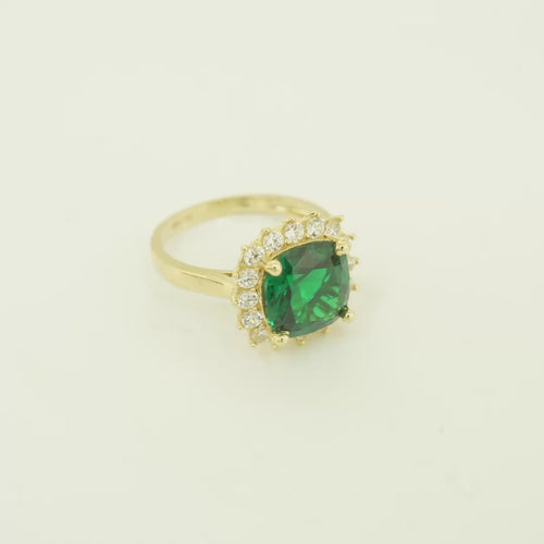14KT Gold Ring Women's Jumbo Dark Green Square with White CZ Stones Border and Plain Bando CZ Baguettes with Single Row of Round White CZ Stones Border Band