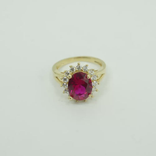 14KT Gold Ring Women's Jumbo Oval Red Center CZ Stone with Round White CZ Stones Border and Plain Split Band