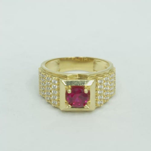 14KT Gold Ring Men's Round Red CZ Stone Plain Square Border with Side Design White CZ Stones 2 Tiers Single Row 3rd Tier Triple Row of Five White CZ Stones
