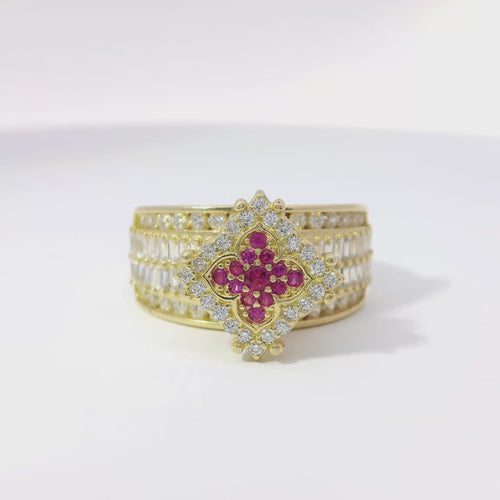 14KT Gold Ring Women's Eight Prong Square Dark Pink Clover Cluster CZ Stones with Plain Outline and White CZ Stones Border and Double Row Baguette Band Center with Round White CZ Borders
