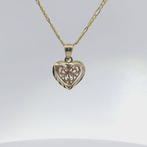 14KT Gold Charm Extra Small Two Tone Open Swirl Heart with Diamond Cut Border and Plain Bell