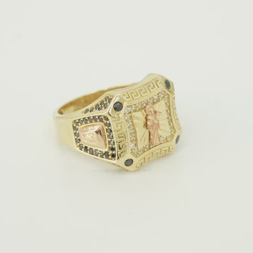14KT Gold Ring Men's Square Two Tone Raised Santa Muerte with Sunray Background White CZ Stone Border Greek Frame Corner Design Black CZ Stone Band Design Black CZ Stones Border Around Two Tone Raised Arrow