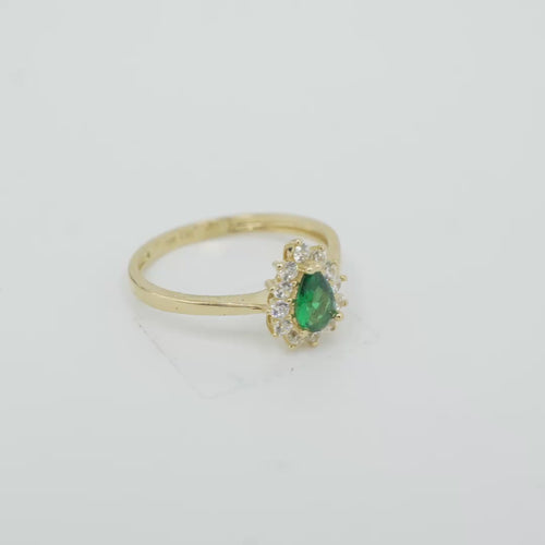 14KT Gold Ring Women's Flower Pear Dark Green Center Stone with White CZ Stone Petals Border Plain Band