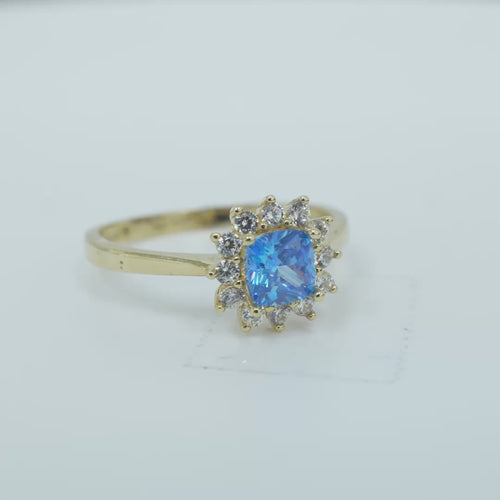 14KT Gold Flower Women's Ring Square Light Blue Center with White CZ Stone Petals Border Plain Band