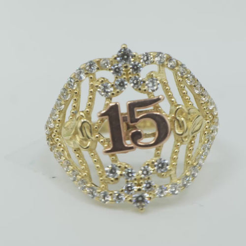 14KT Gold Ring Women's "15" Two Tone Open Western Shape Quinceanera Stripe and Rose Center with Round White CZ Stones Border Plain Band