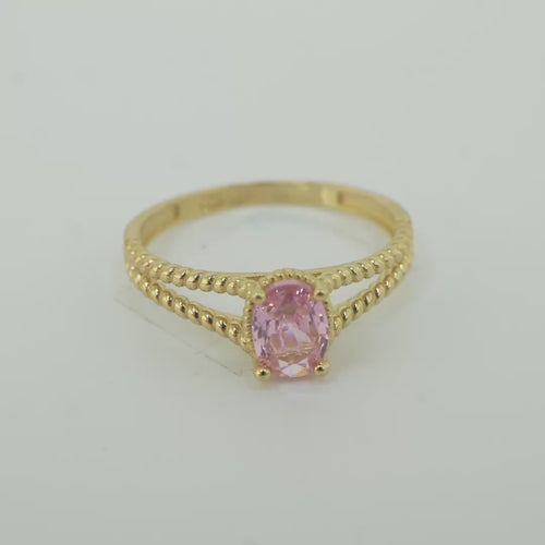 14KT Gold Ring Women's Oval Pink Center Stone with Rope Halo and Rope Split Band