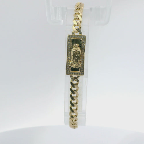 14KT Gold Bracelet Women's Single Charm Rectangle Sunray Virgin Mary with White CZ Stones Border and White CZ Stone End Cuban Link Lobster Clasp Band