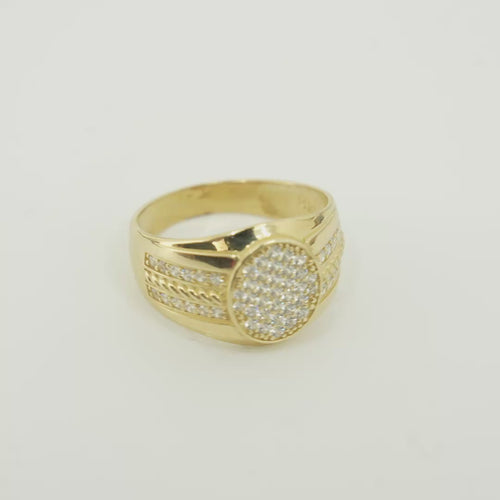 14KT Gold Ring Men's Oval White CZ Stone Cluster Center Design with Seven Rows Plain Border Side Design Two Single Rows of White CZ Stones with Gold Rope Pattern in Middle