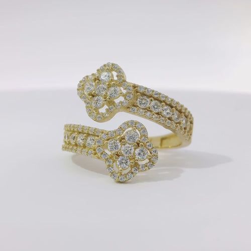 14KT Gold Ring Women's Double White CZ Stones Bypass Clover with CZ Stones Band