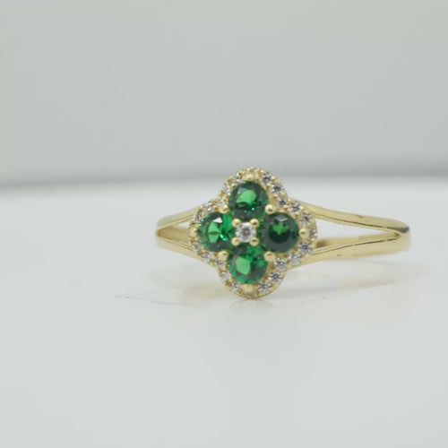 14KT Gold Ring Women's Mini Four Petal Flower Dark Green Petals with White CZ Center Stone and Border Plain Split Band