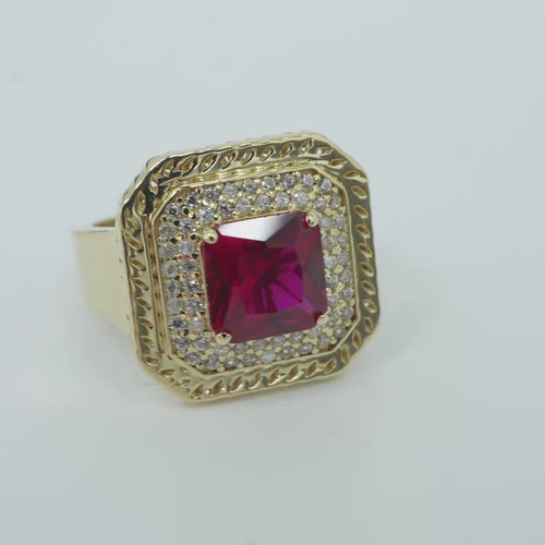 14KT Gold Ring Women's Red Square Center CZ Stone Double Platform Border of Round White CZ Stones Mock Link Border Plain Band