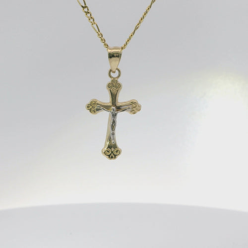 14KT Gold Charm Small Two Tone Swirl Center Club Ends Crucifix Cross with Plain Bell