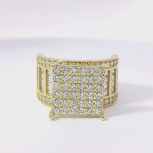 14KT Gold Ring Women's Square Four Prong Six Row White CZ Stones Cluster with Four Sections of Four CZ Baguettes with Round White CZ Stones Border Band