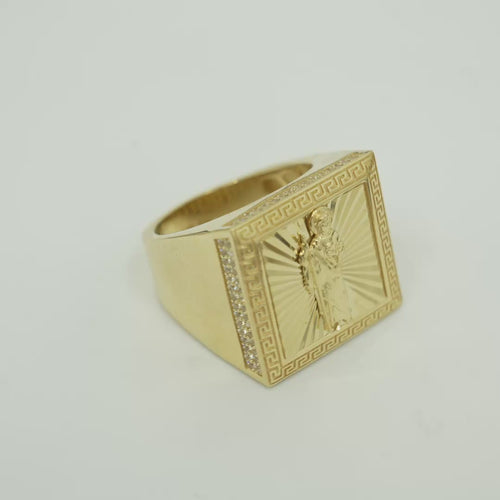14KT Gold Ring Men's Square St. Jude Sunray Background Greek Border Double Row White CZ Stones Edge Border Plain Band