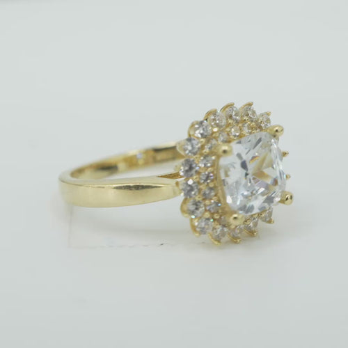 14KT Gold Ring Women's Square White Center CZ with Round Double CZ Border Plain Band