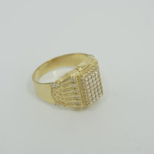 14KT Gold Ring Men's Raised Rectangle White CZ Stones Seven Row Center Rectangle Design Raised with Single Row White CZ Stones Border Side Design Single Row White CZ Stones Above Pillar Style Design with White CZ Stone Top/Lower Border