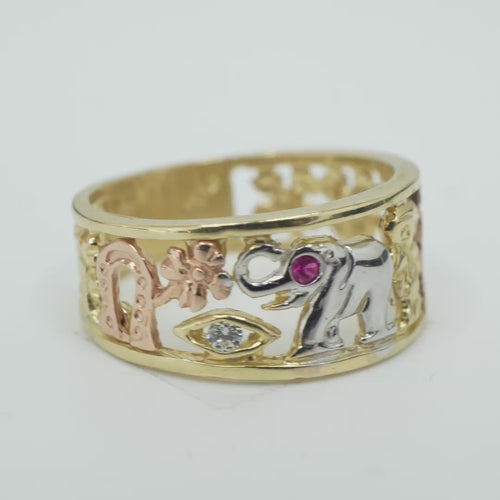 14KT Gold Ring Women's "Good Luck" Tri Tone Open Split Band with Plain Borders Horseshoe Flower CZ Eye Pink Eye Elephant Owl Man