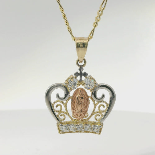 14KT Gold Charm Women's Tri Tone Virgin Mary Tiara with Two White CZ Top Stones and Five White CZ Stones Tiara Band with Plain Split Band
