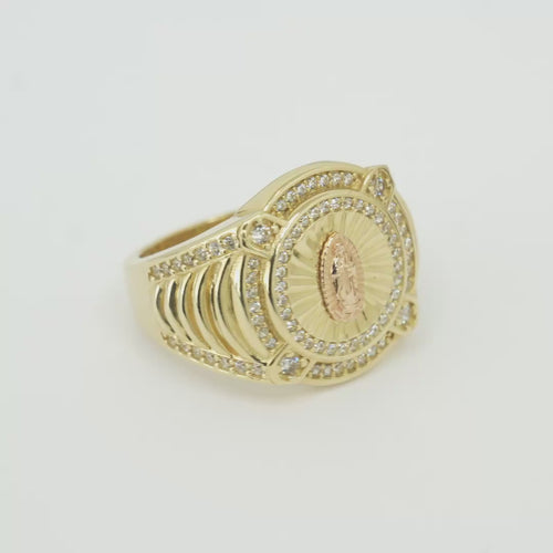 14KT Gold Ring Men's Round Two Tone Virgin Mary White CZ Stones Double Border with Four Slightly Larger Corner Stones and White CZ Stones on Curved Ridged Band