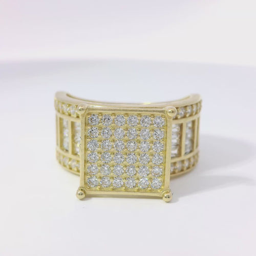 14KT Gold Ring Women's Mini Square Four Prong Six Row White CZ Stones Cluster with Four Sections of Three CZ Baguettes with Round White CZ Stones Border Band